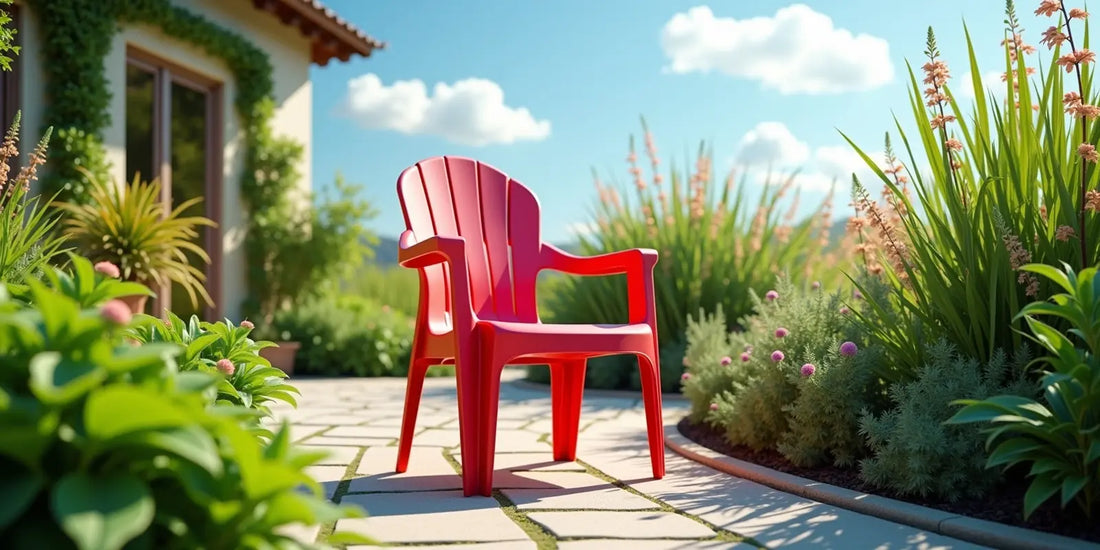 كرسي بلاستيك قابل للطي بتصميم عصري وألوان زاهية في حديقة خضراء