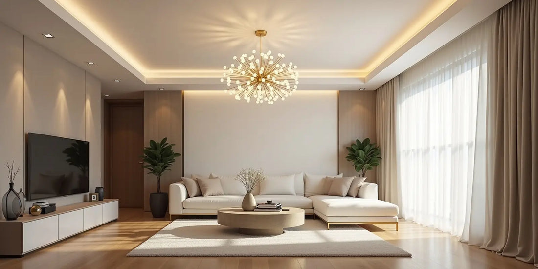 غرفة معيشة عصرية مع نجفة مودرن هندسية بتصميم فريد