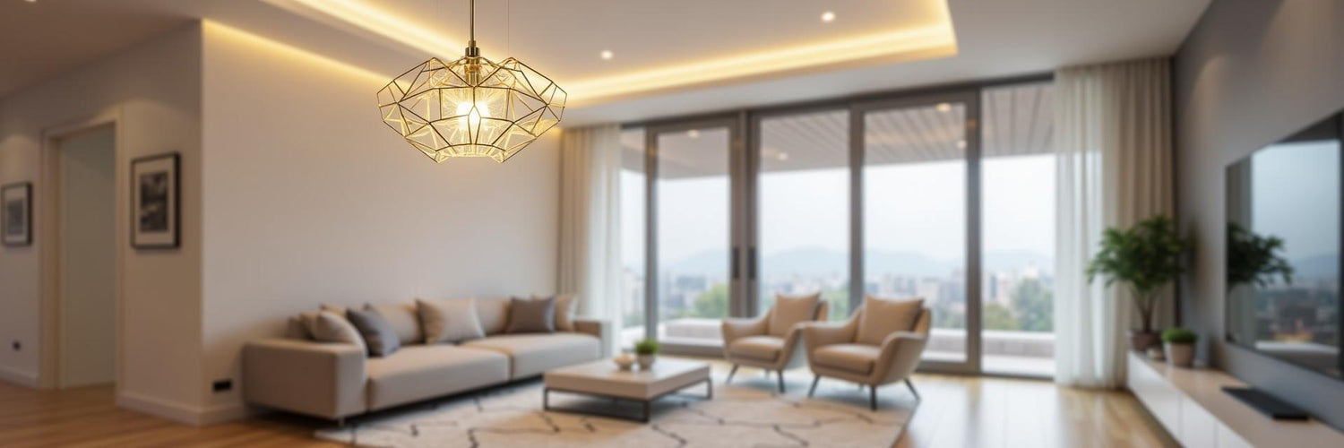 مصباح سقف بتصميم هندسي عصري يضفي لمسة فاخرة على غرفة الطعام.
